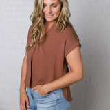Mandi Collared Split Neck Cuff Sleeve U Hem Linen Top - Almond FINAL SALE
