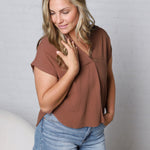 Mandi Collared Split Neck Cuff Sleeve U Hem Linen Top - Almond FINAL SALE