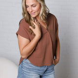 Mandi Collared Split Neck Cuff Sleeve U Hem Linen Top - Almond FINAL SALE