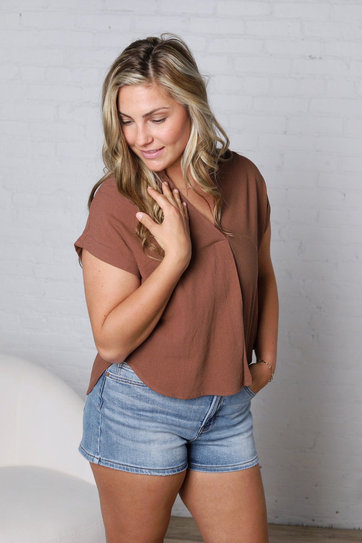 Mandi Collared Split Neck Cuff Sleeve U Hem Linen Top - Almond FINAL SALE
