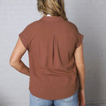 Mandi Collared Split Neck Cuff Sleeve U Hem Linen Top - Almond FINAL SALE