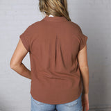 Mandi Collared Split Neck Cuff Sleeve U Hem Linen Top - Almond FINAL SALE