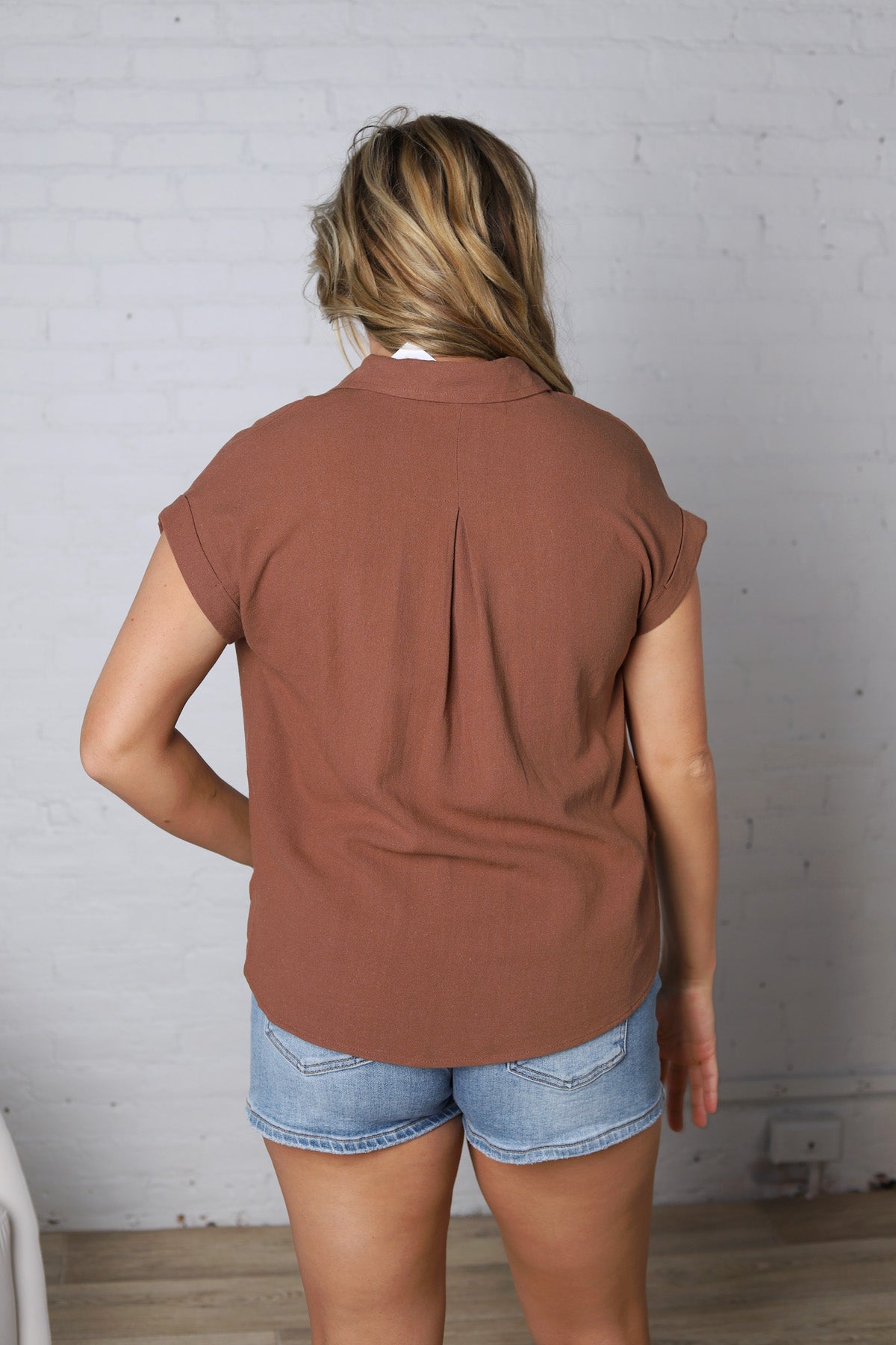 Mandi Collared Split Neck Cuff Sleeve U Hem Linen Top - Almond FINAL SALE