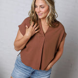 Mandi Collared Split Neck Cuff Sleeve U Hem Linen Top - Almond FINAL SALE
