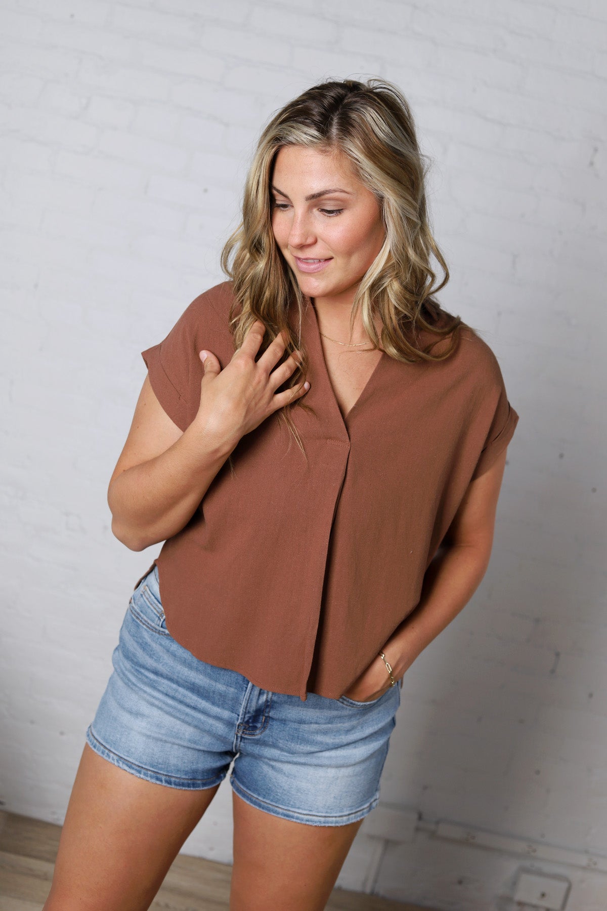 Mandi Collared Split Neck Cuff Sleeve U Hem Linen Top - Almond FINAL SALE