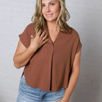 Mandi Collared Split Neck Cuff Sleeve U Hem Linen Top - Almond FINAL SALE