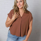 Mandi Collared Split Neck Cuff Sleeve U Hem Linen Top - Almond FINAL SALE