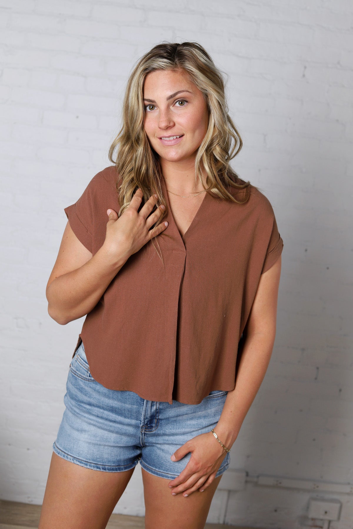 Mandi Collared Split Neck Cuff Sleeve U Hem Linen Top - Almond FINAL SALE