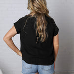 Mandi Collared Split Neck Cuff Sleeve U Hem Linen Top - Black FINAL SALE