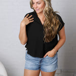 Mandi Collared Split Neck Cuff Sleeve U Hem Linen Top - Black FINAL SALE