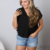Mandi Collared Split Neck Cuff Sleeve U Hem Linen Top - Black FINAL SALE