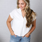 Mandi Collared Split Neck Cuff Sleeve U Hem Linen Top - White FINAL SALE