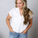 Mandi Collared Split Neck Cuff Sleeve U Hem Linen Top - White FINAL SALE