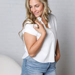 Mandi Collared Split Neck Cuff Sleeve U Hem Linen Top - White FINAL SALE