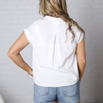 Mandi Collared Split Neck Cuff Sleeve U Hem Linen Top - White FINAL SALE