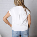 Mandi Collared Split Neck Cuff Sleeve U Hem Linen Top - White FINAL SALE