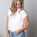 Mandi Collared Split Neck Cuff Sleeve U Hem Linen Top - White FINAL SALE