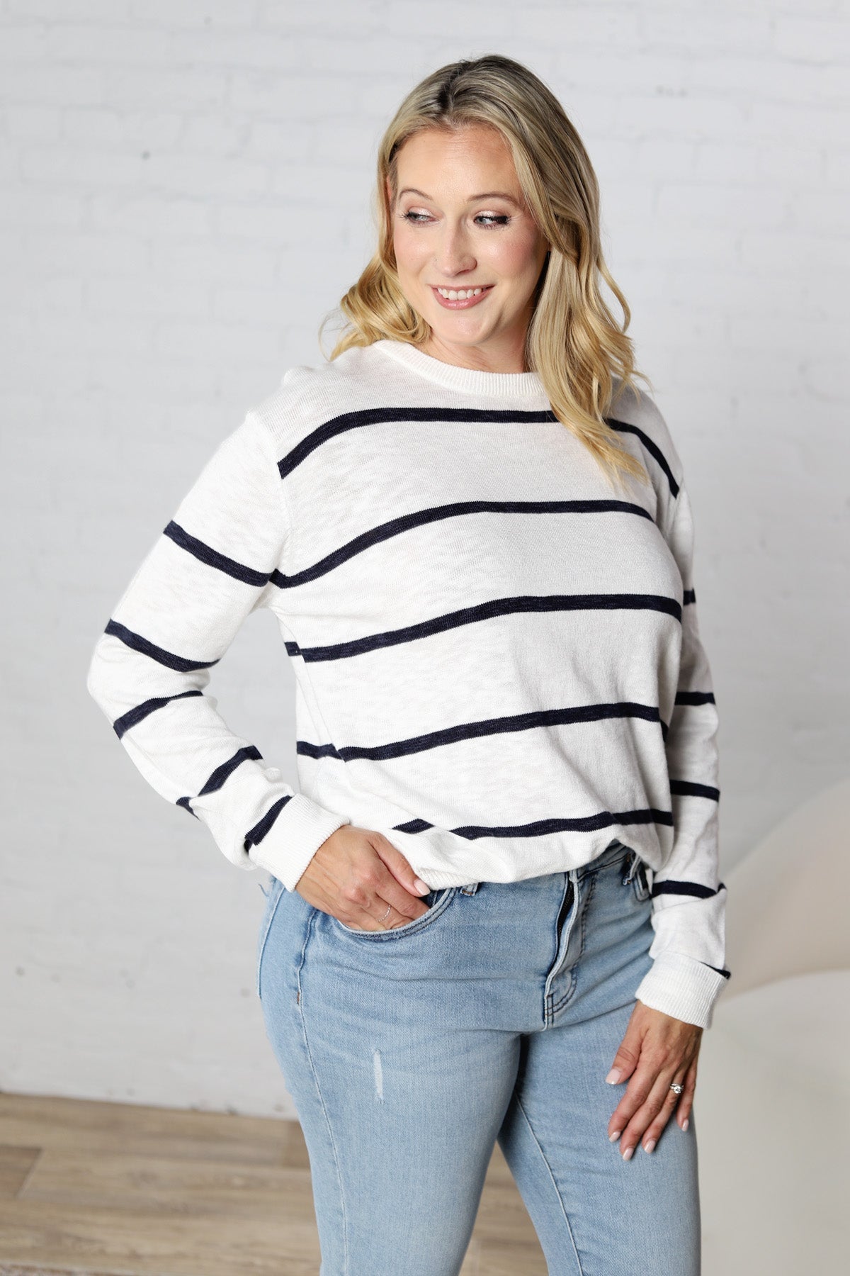 Marella Striped Lightweight Sweater Top - Off White/Navy