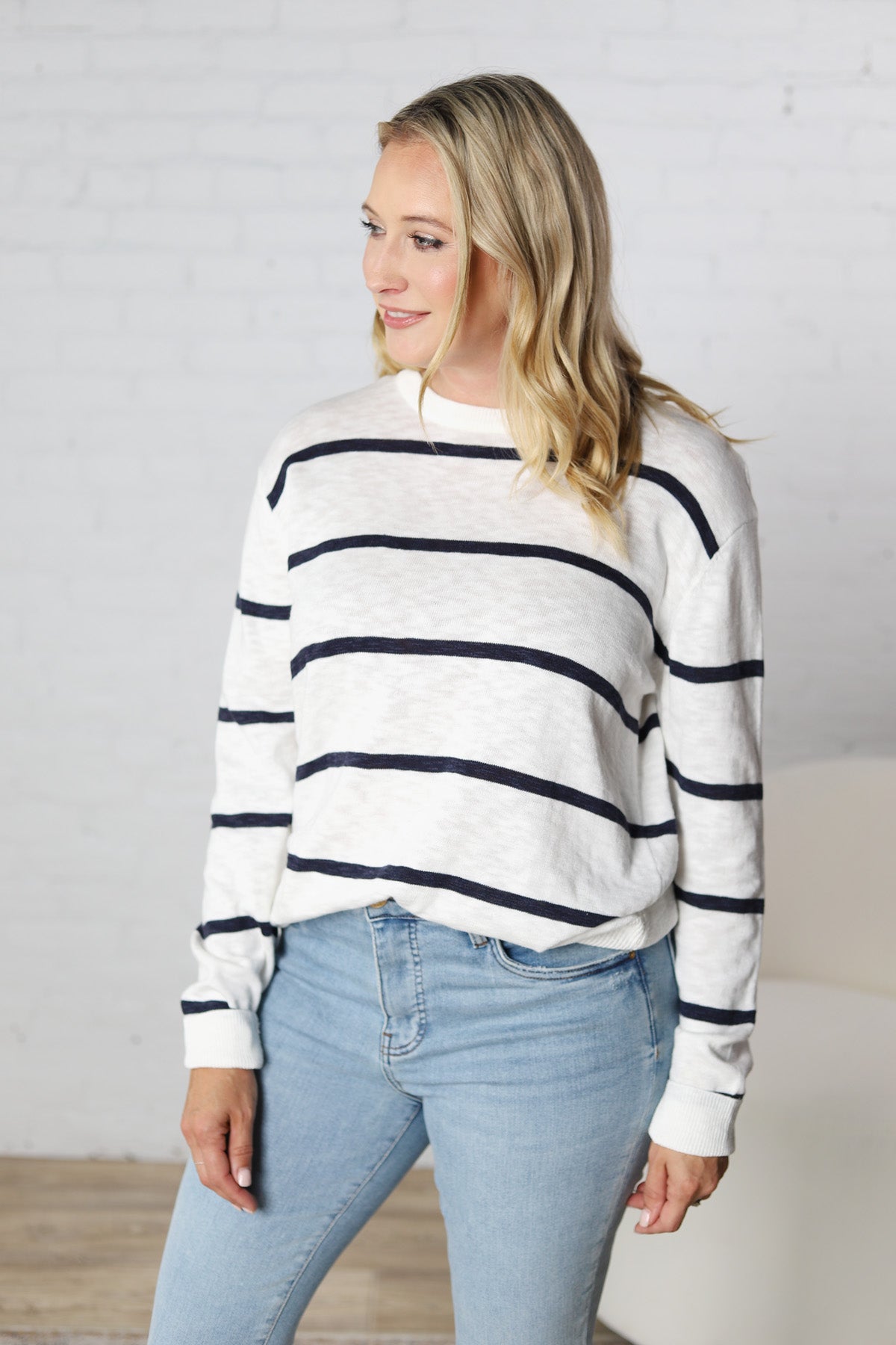 Marella Striped Lightweight Sweater Top - Off White/Navy