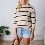 Marella Striped Lightweight Sweater Top - Taupe/Black