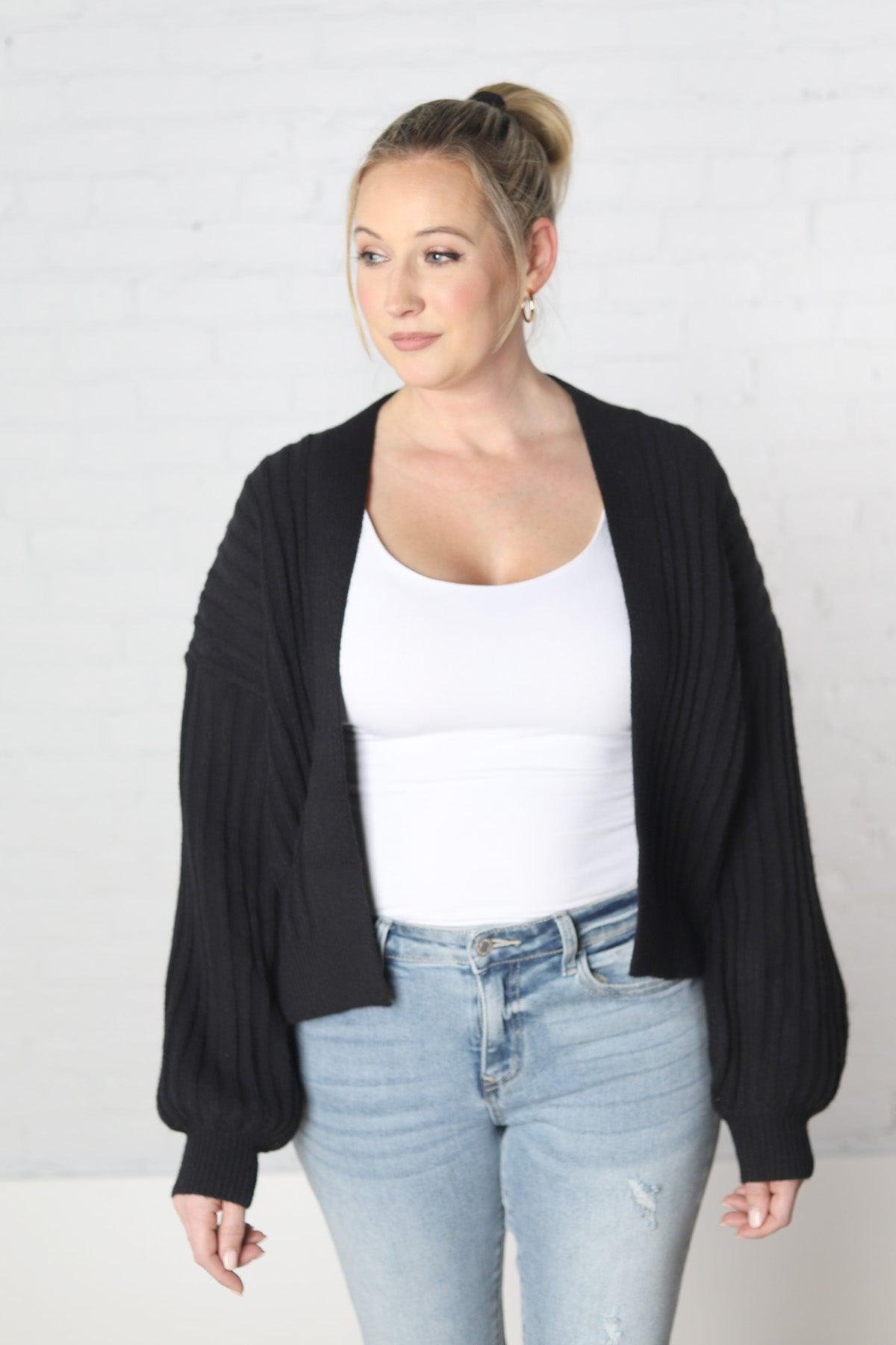 Mari Ribbed Balloon Sleeve Cardigan - Black - FINAL SALE