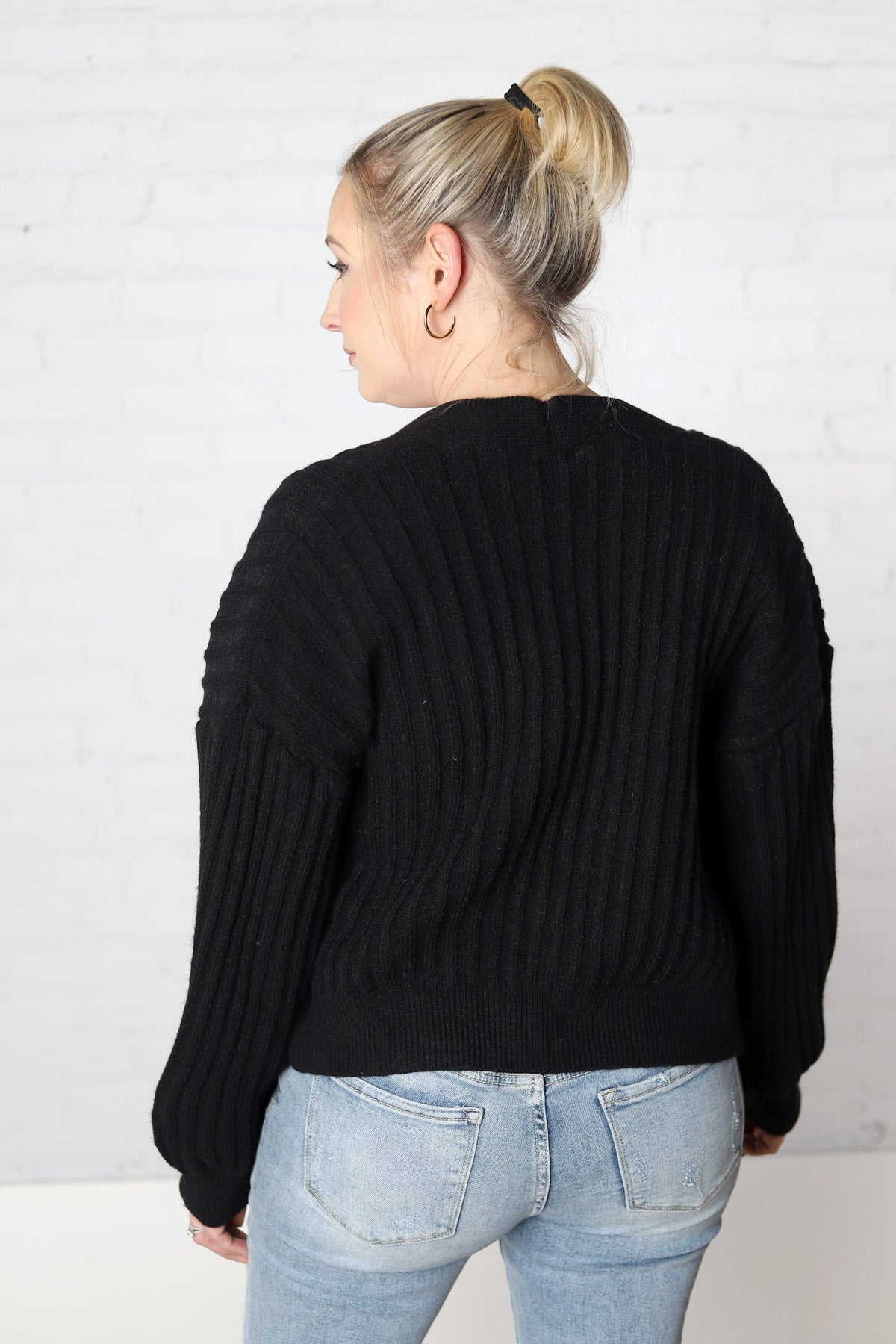 Mari Ribbed Balloon Sleeve Cardigan - Black - FINAL SALE