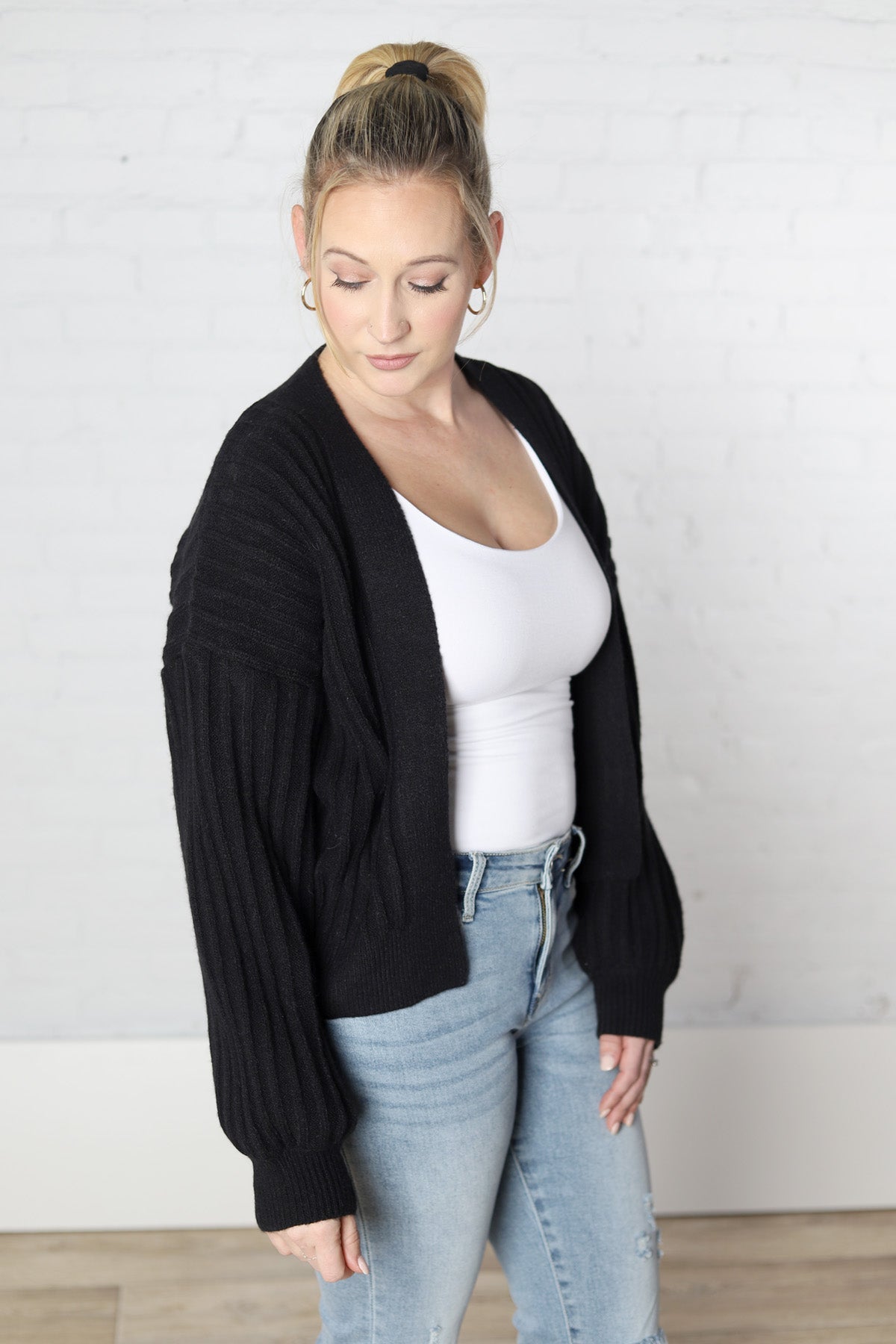 Mari Ribbed Balloon Sleeve Cardigan - Black - FINAL SALE