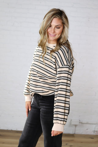 Marietta Oversized French Terry Striped Sweatshirt – Beige