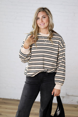 Marietta Oversized French Terry Striped Sweatshirt – Beige