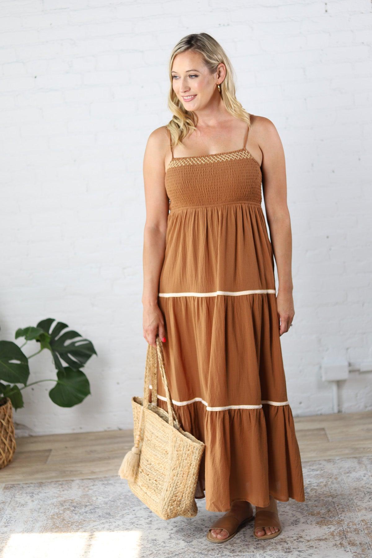 Maris Smocked Maxi Dress - Camel - FINAL SALE