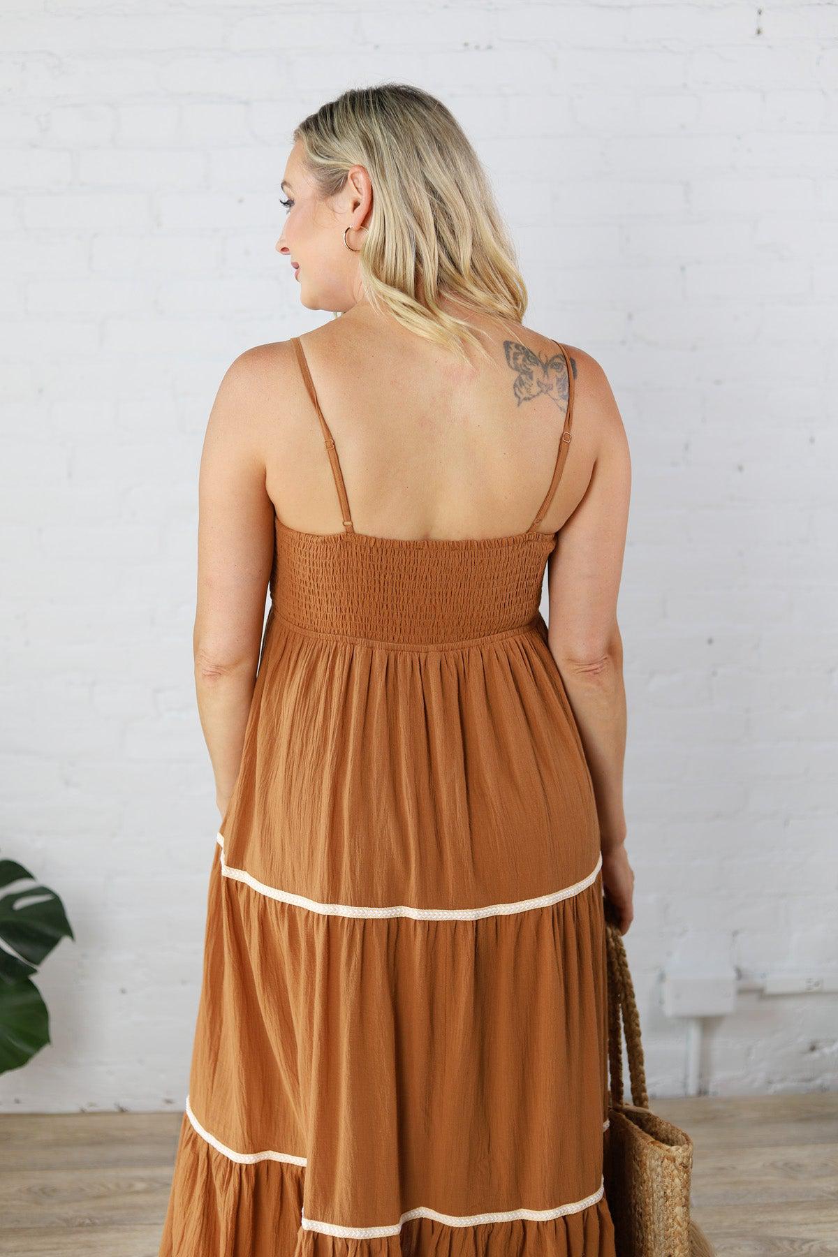 Maris Smocked Maxi Dress - Camel - FINAL SALE