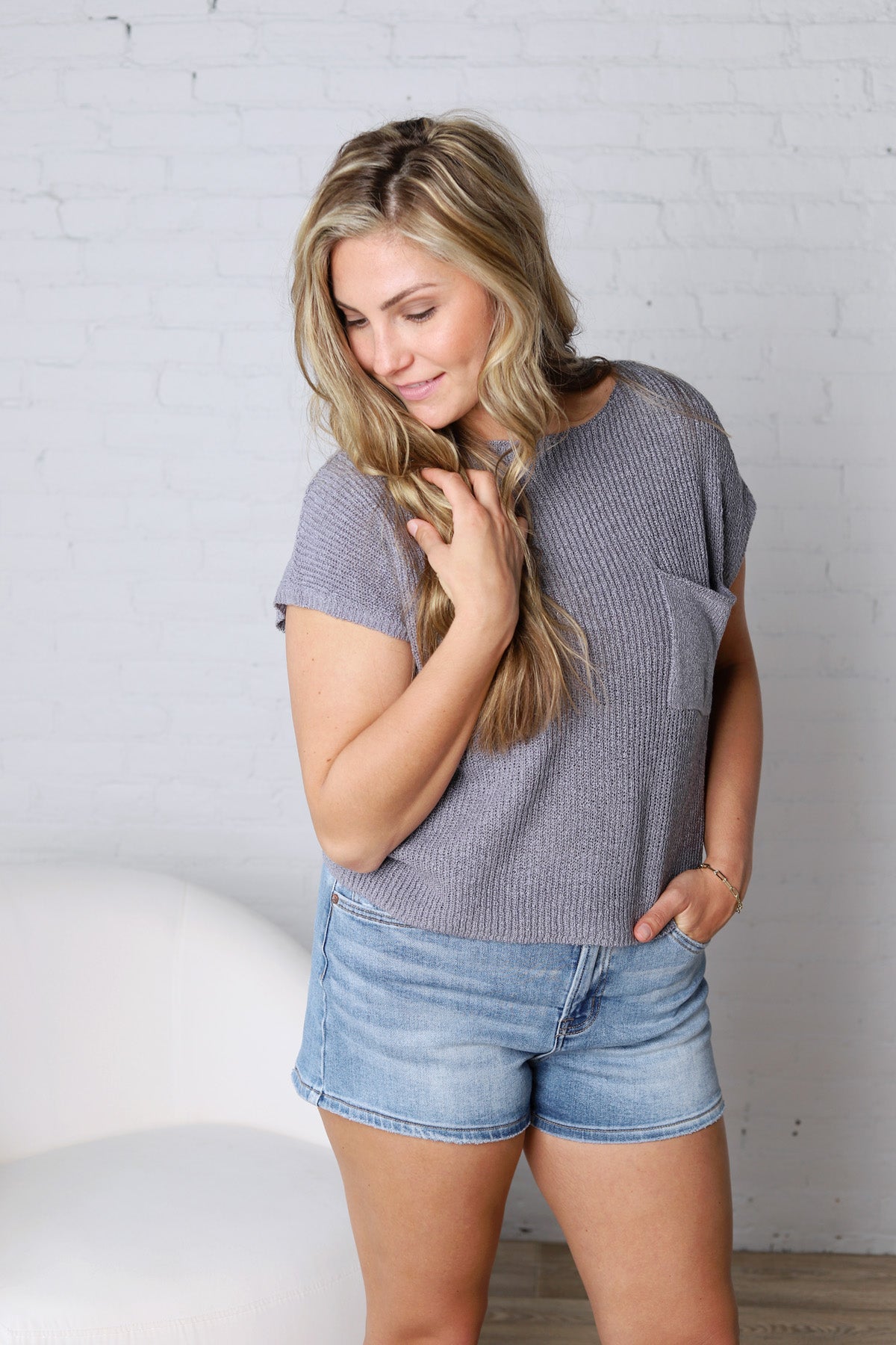 Mavie Cap Sleeve Boxy Knit Sweater - Slate Blue FINAL SALE