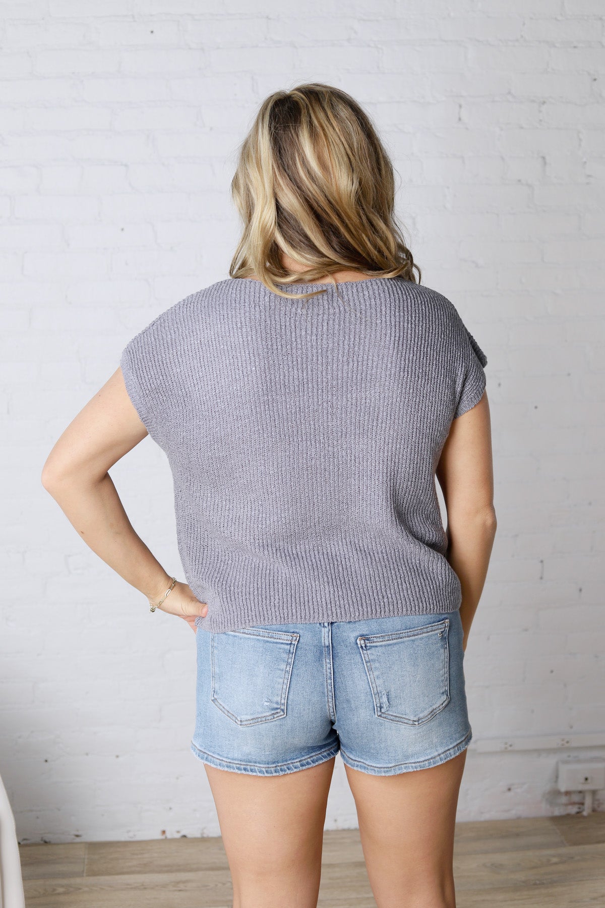 Mavie Cap Sleeve Boxy Knit Sweater - Slate Blue FINAL SALE