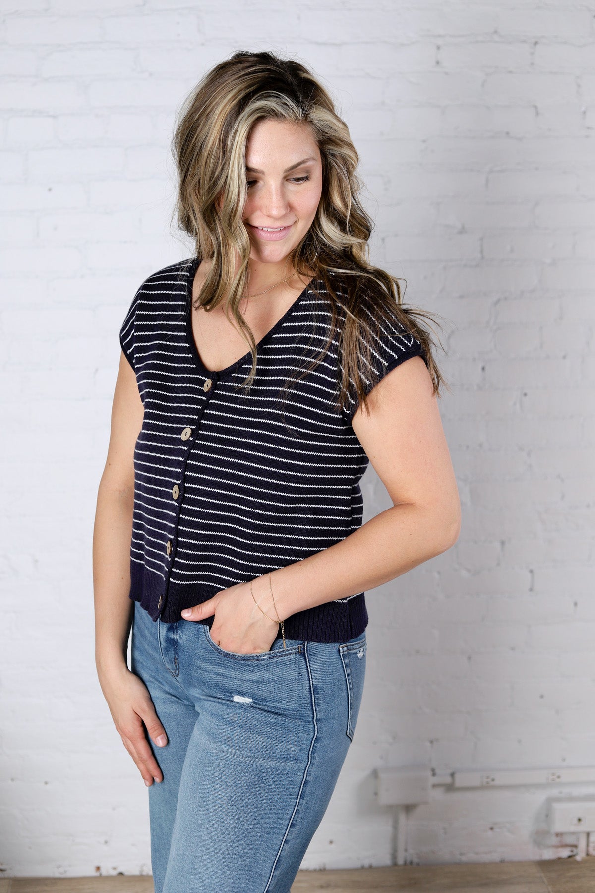 Maxine Stripe Short Sleeve Cardigan - Navy
