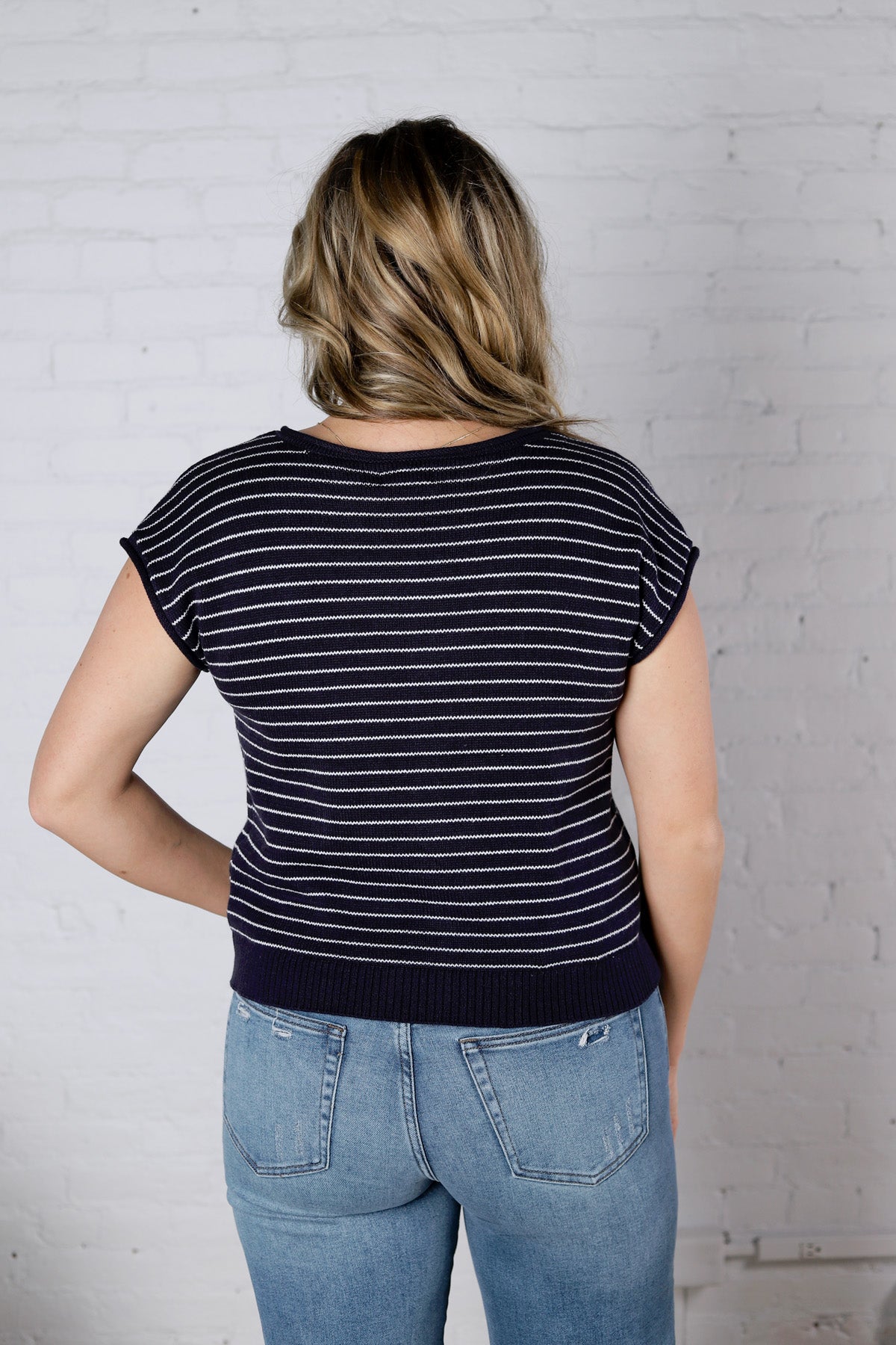 Maxine Stripe Short Sleeve Cardigan - Navy