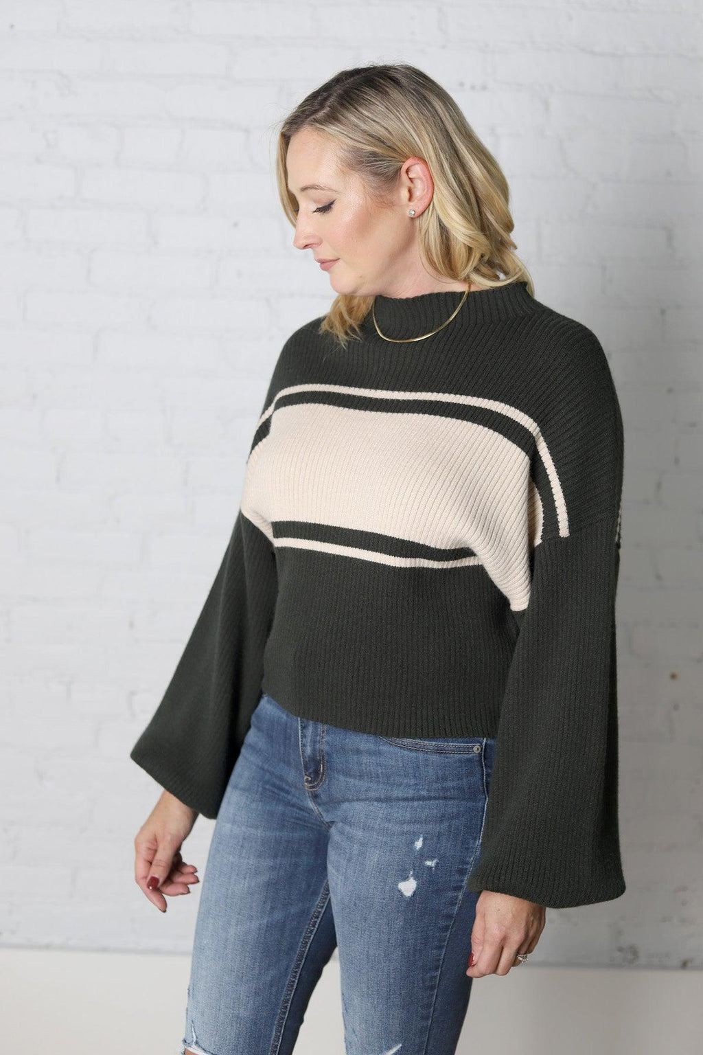 McClaine Contrast Stripe Sweater - Hunter Green/Cream