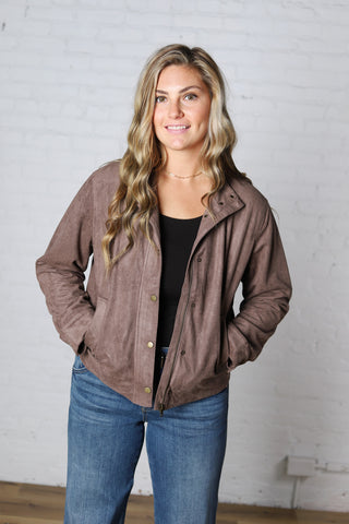 Melina Suede Feel High Neck Collared Bomber - Chestnut