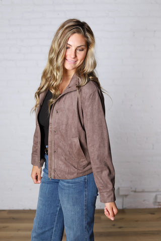 Melina Suede Feel High Neck Collared Bomber - Chestnut