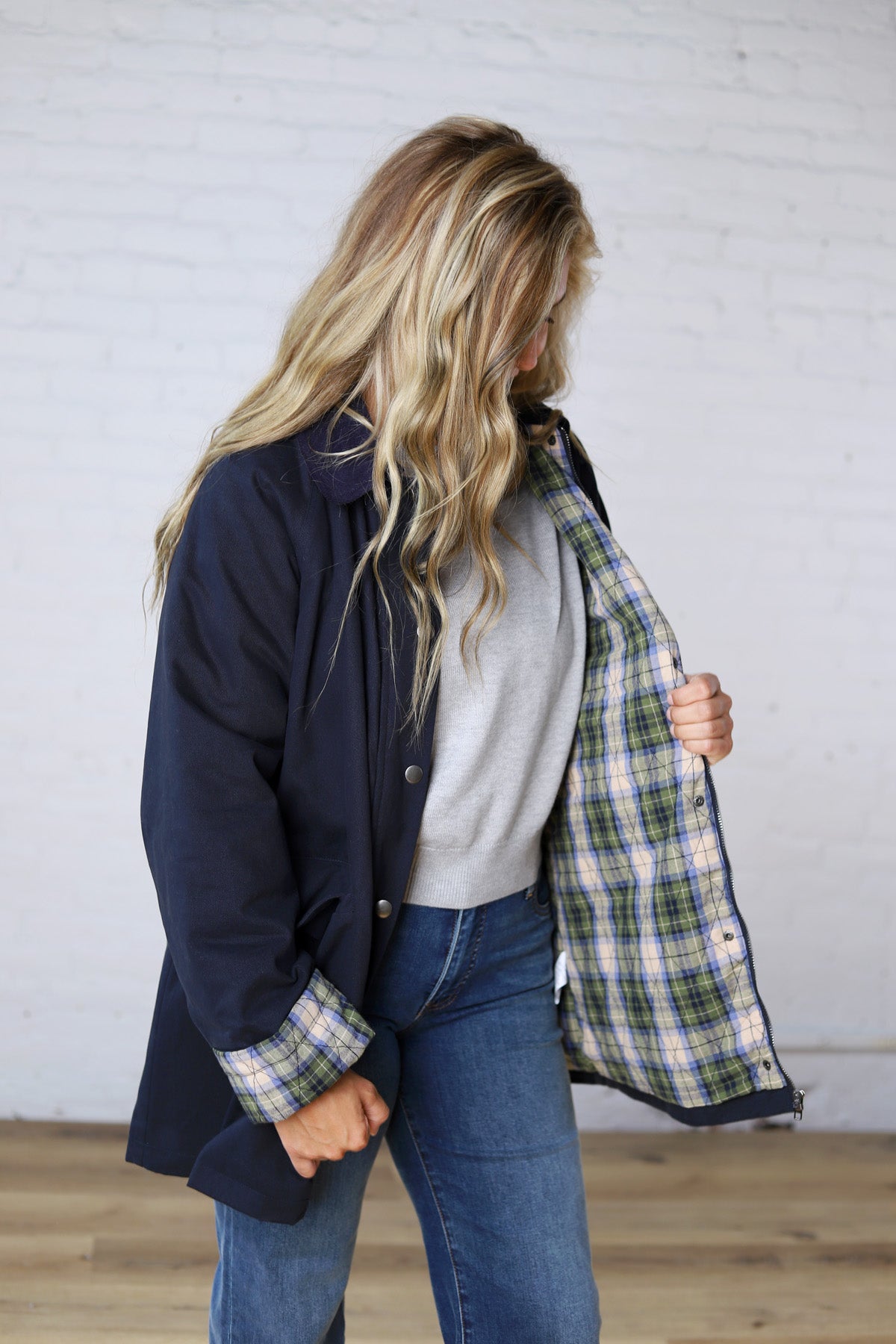 Merryn A-Line Barn Jacket w/ Contrast Plaid