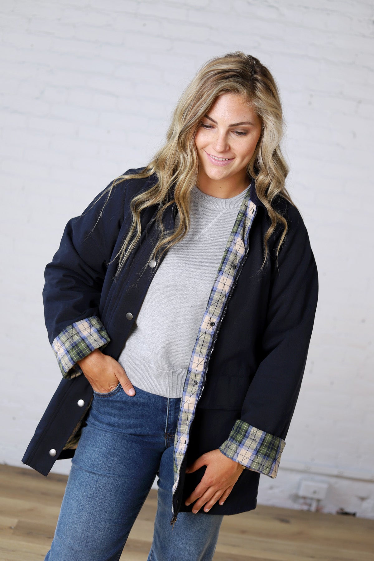 Merryn A-Line Barn Jacket w/ Contrast Plaid