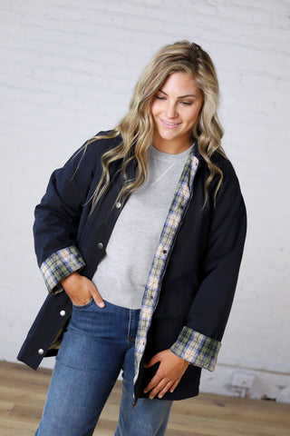 Merryn A-Line Barn Jacket w/ Contrast Plaid