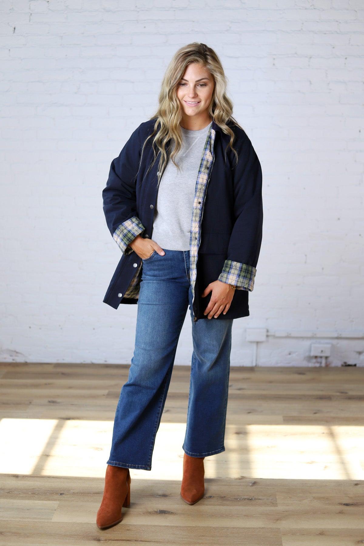 Merryn A-Line Barn Jacket w/ Contrast Plaid