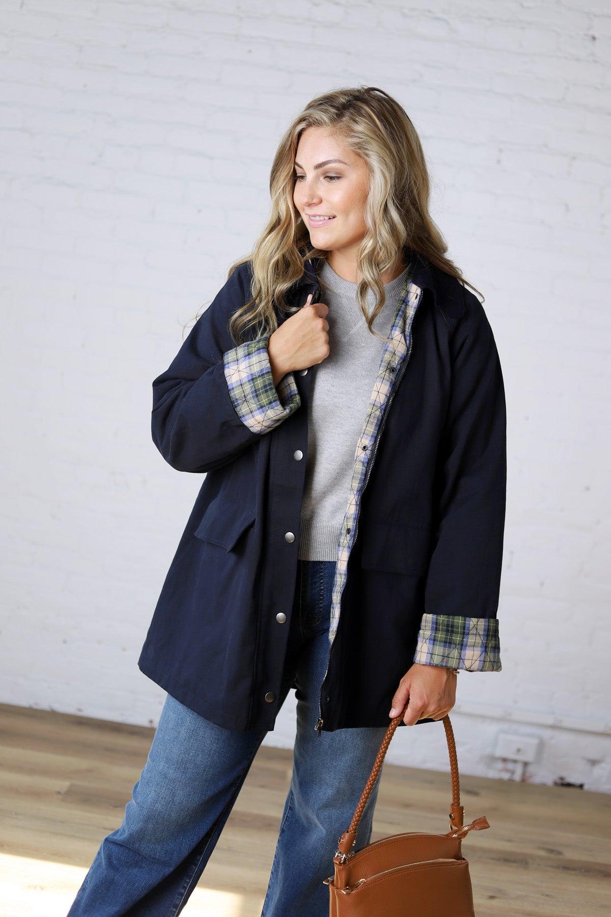 Merryn A-Line Barn Jacket w/ Contrast Plaid