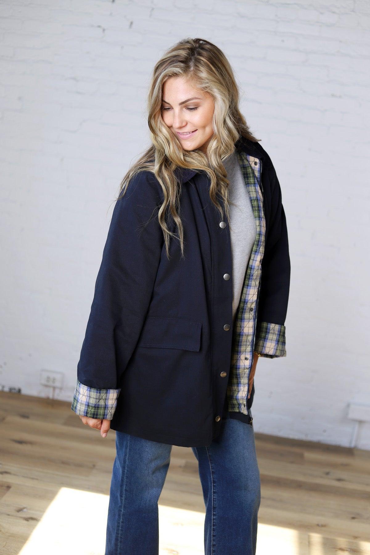Merryn A-Line Barn Jacket w/ Contrast Plaid