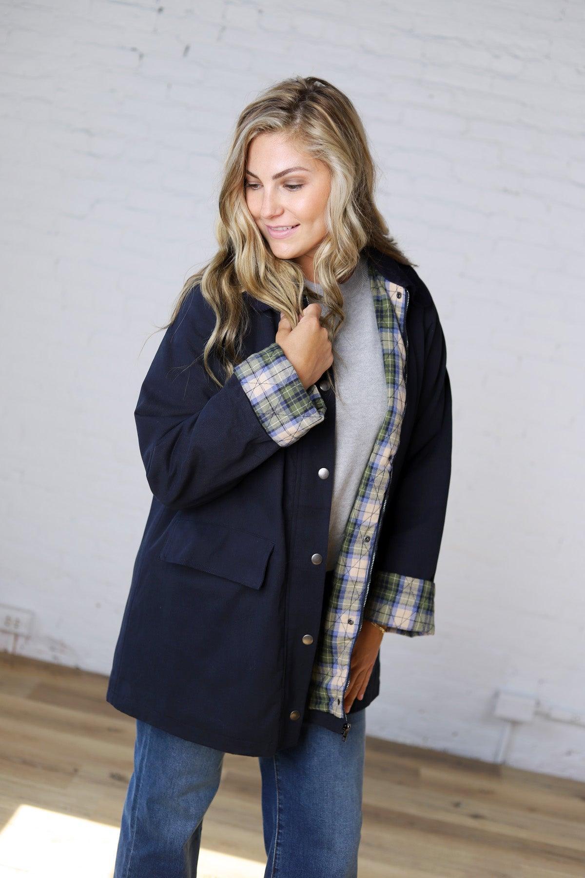 Merryn A-Line Barn Jacket w/ Contrast Plaid