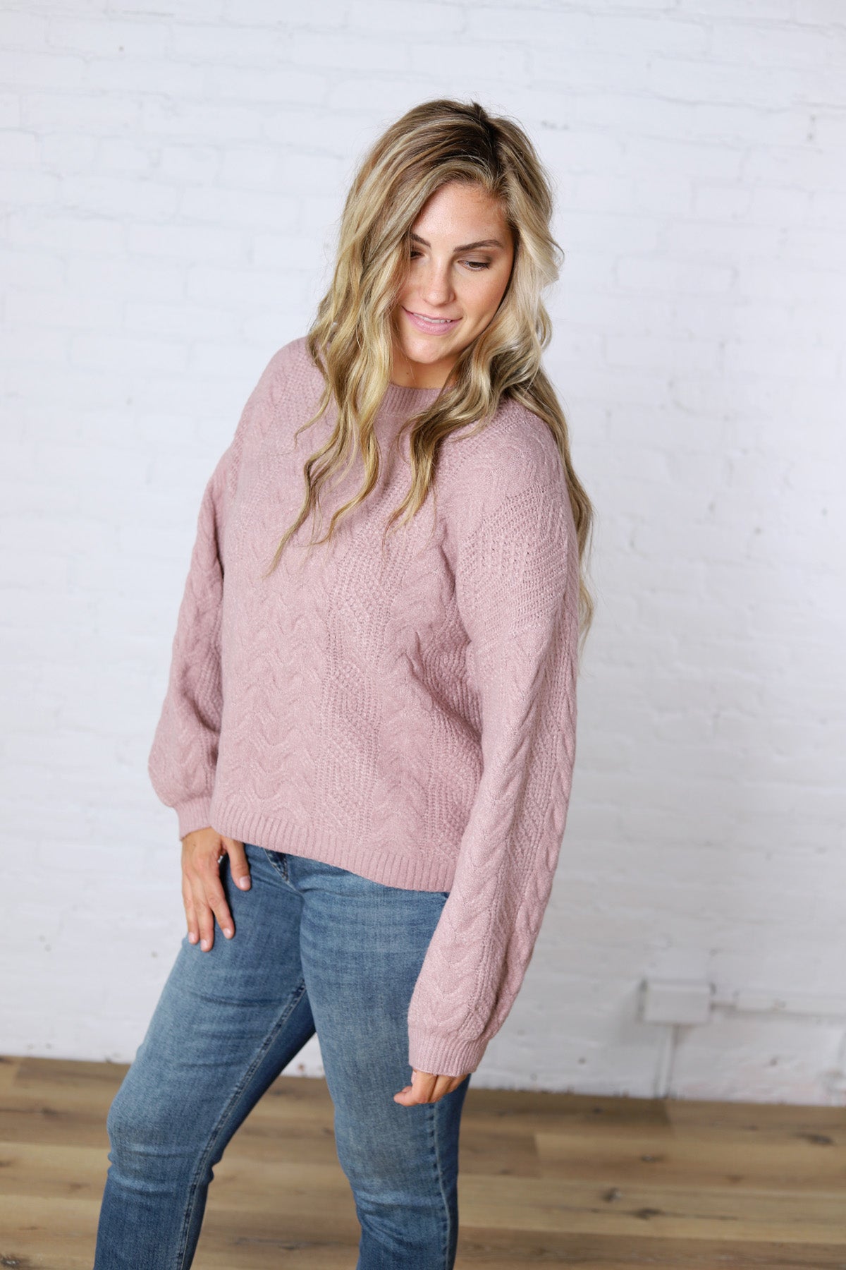 Milan Balloon Sleeve Cable Knit Sweater - Mauve