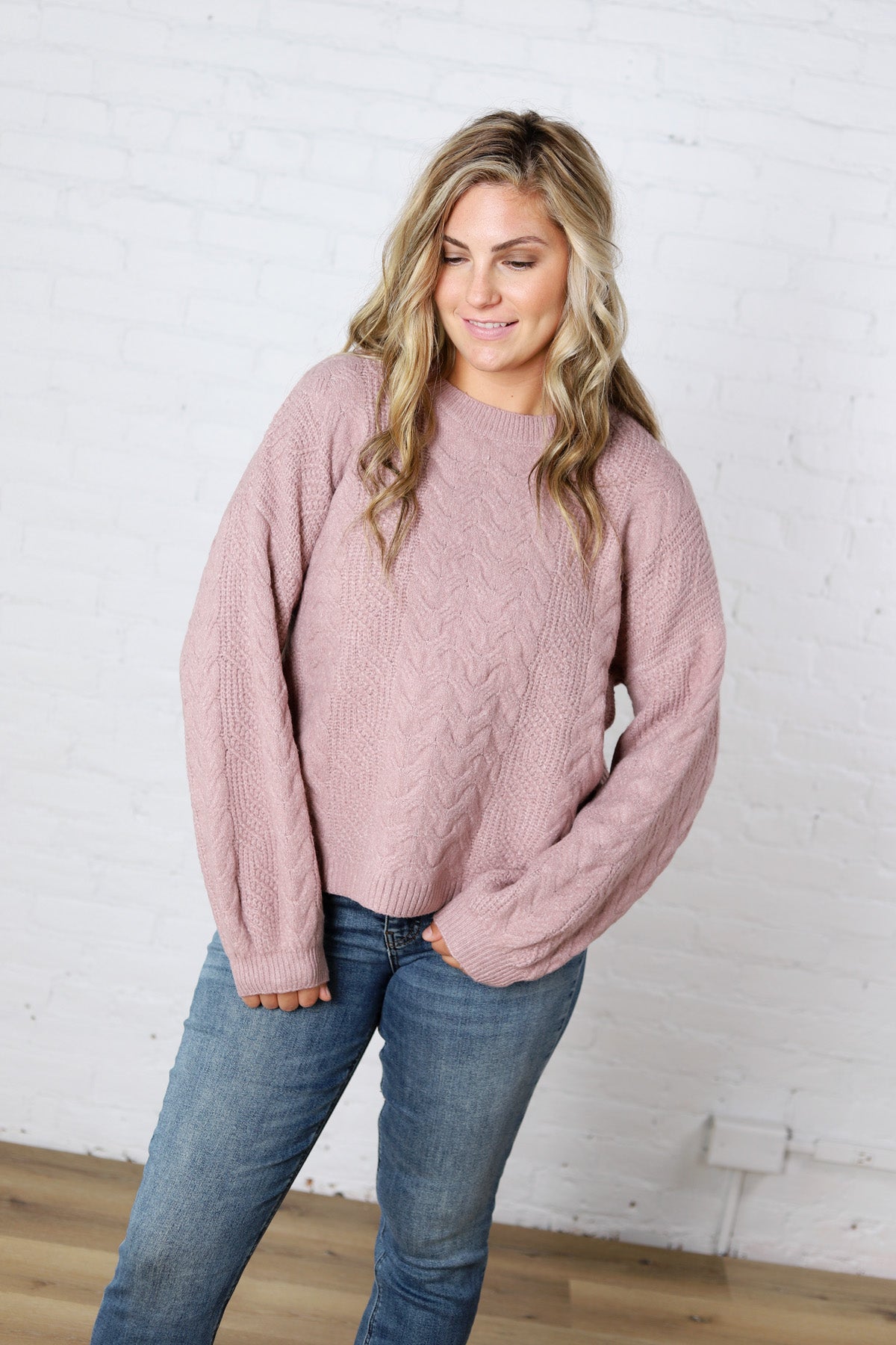 Milan Balloon Sleeve Cable Knit Sweater - Mauve