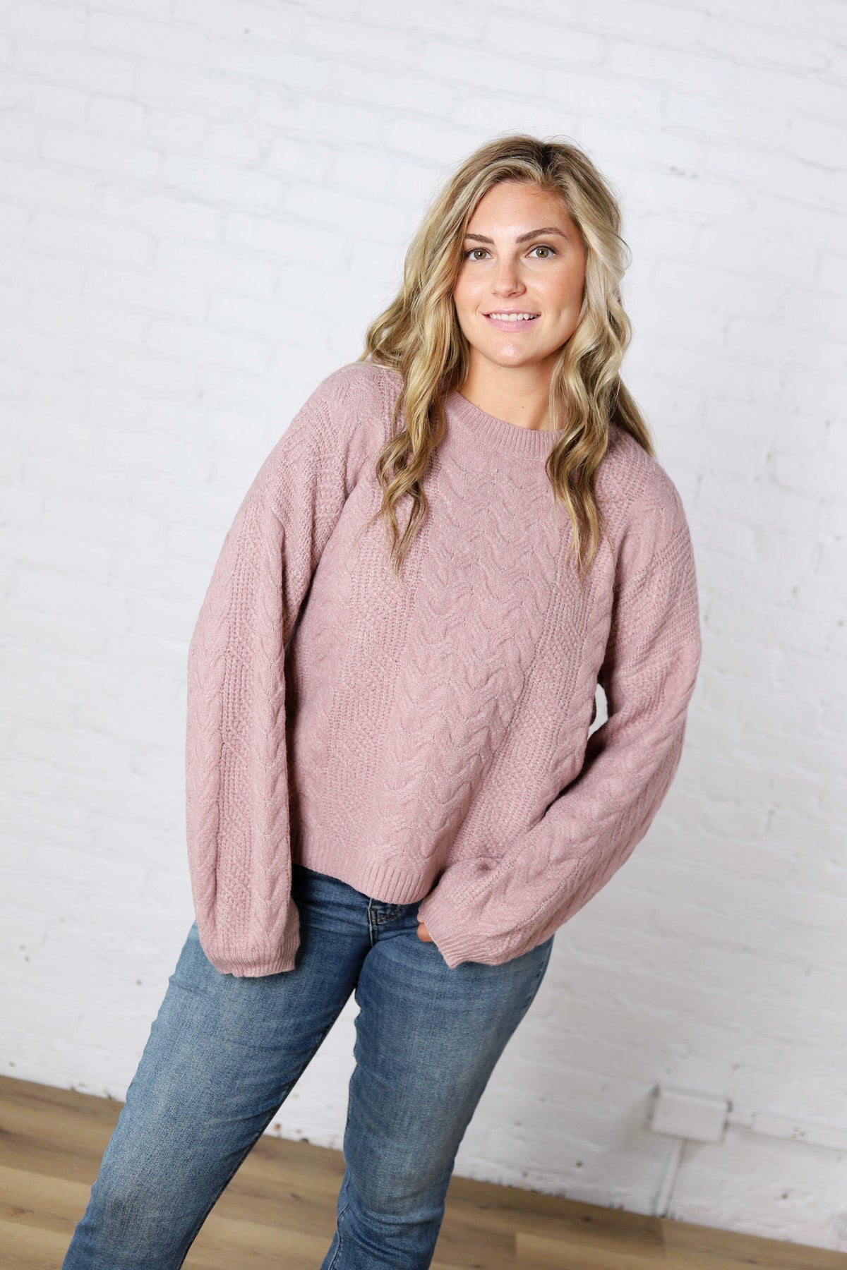 Milan Balloon Sleeve Cable Knit Sweater - Mauve