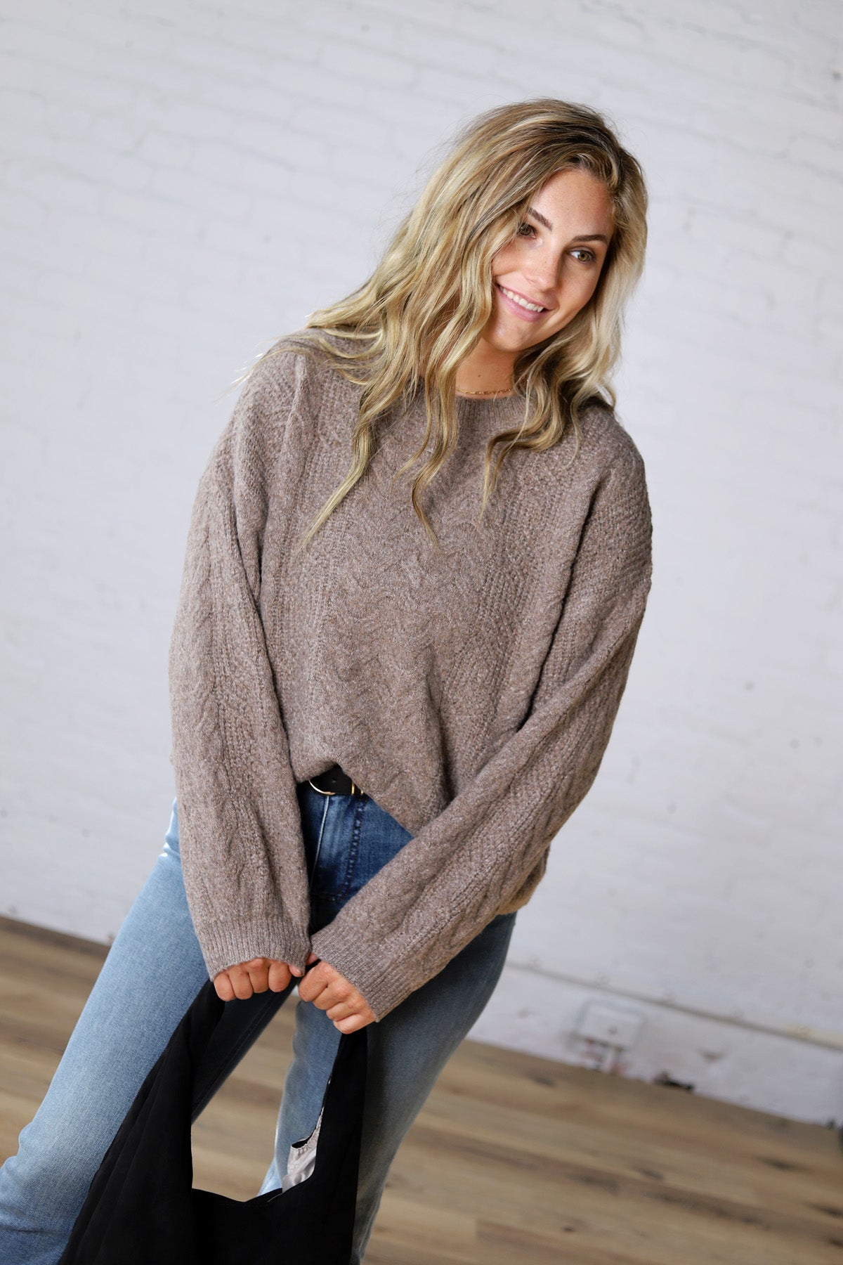 Milan Balloon Sleeve Cable Knit Sweater - Mocha