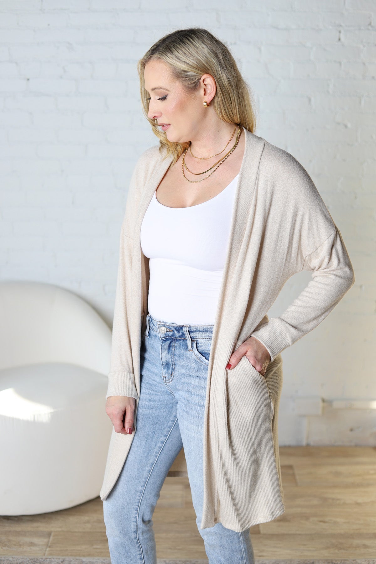 Mirabel Rib Contrast Brushed Knit Cardigan - Oatmeal